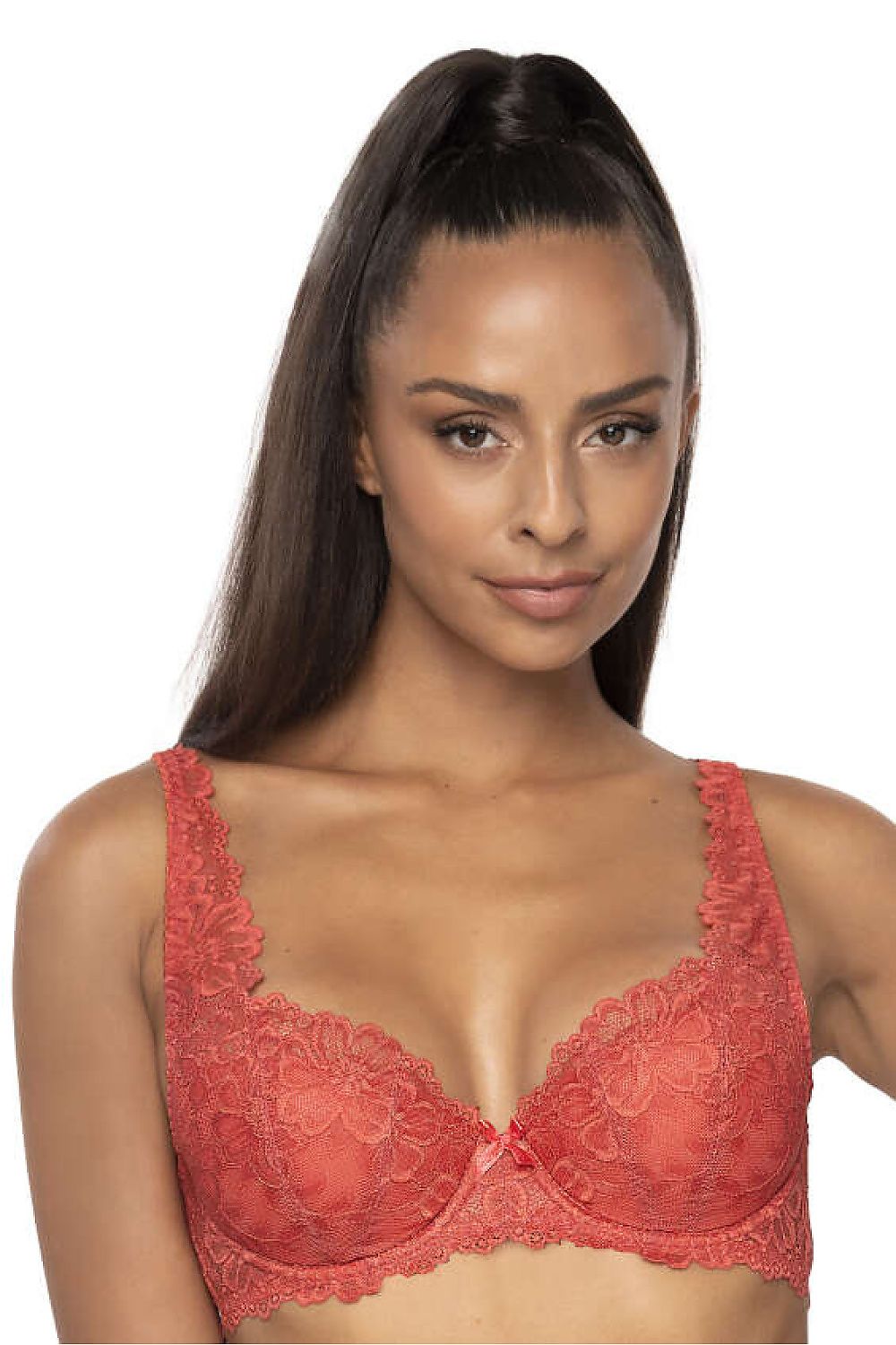 Luxury padded lace bra in brick color by Mat, featuring elegant lace detailing and adjustable straps, designed for sizes EU 65B to EU 85D.