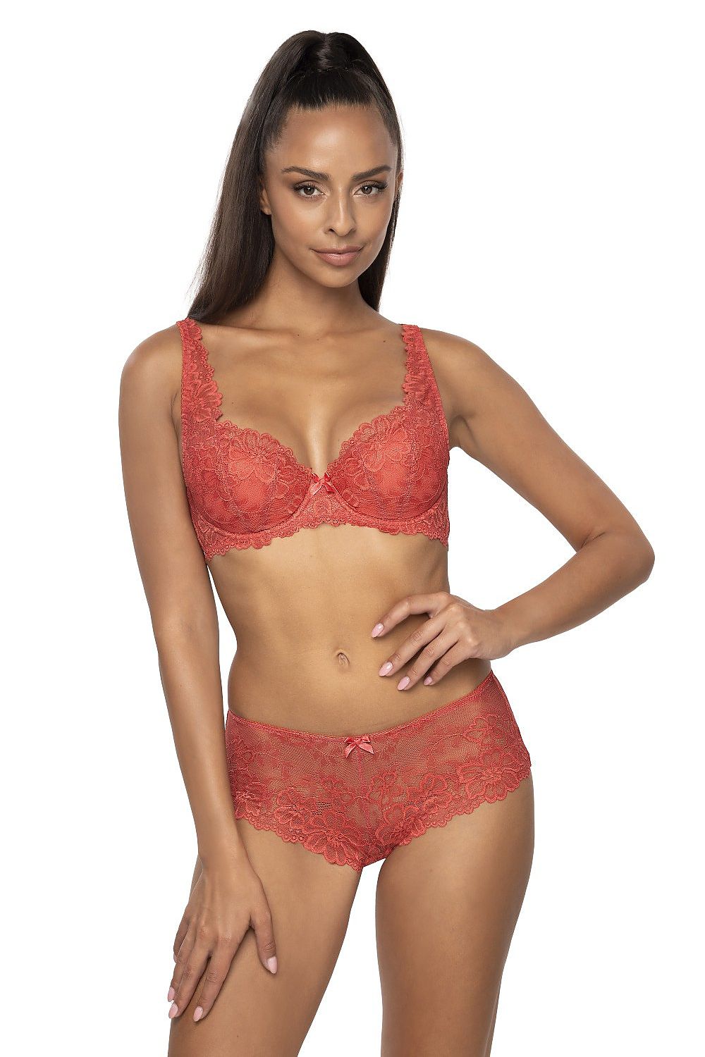 Beautifully crafted brick-colored lace bra by Mat, showcasing luxurious padding, adjustable non-removable straps, ideal for enhancing any bust silhouette.