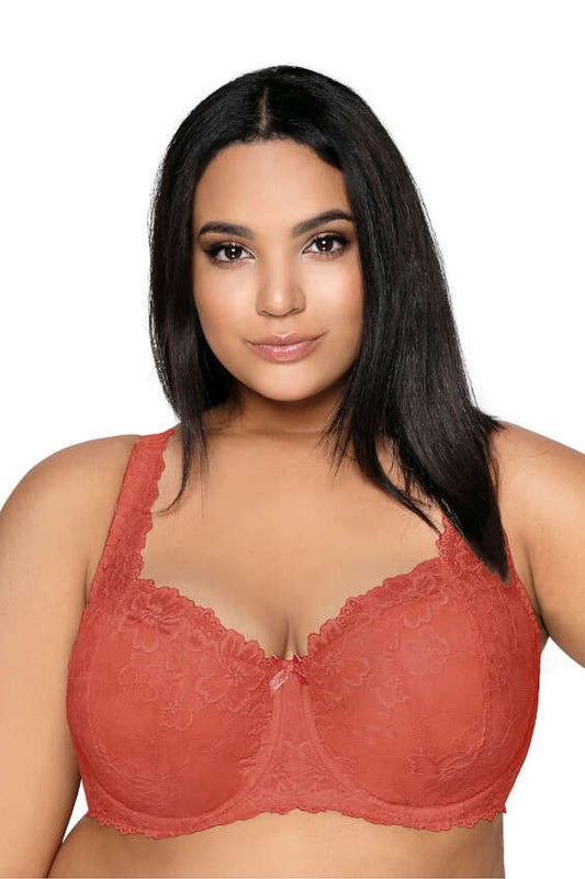 Exquisite Carmela Big Lace Padded Bra by Mat in rich brick colour, designed to enhance cleavage and provide elegant support for sizes EU 65G to 95F, featuring luxurious lace detailing.
