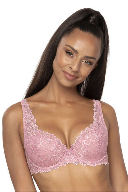 Elegant pink lace padded bra from Mat, featuring adjustable straps and designed for sizes EU 65B to EU 85D, perfect for luxurious comfort and style.