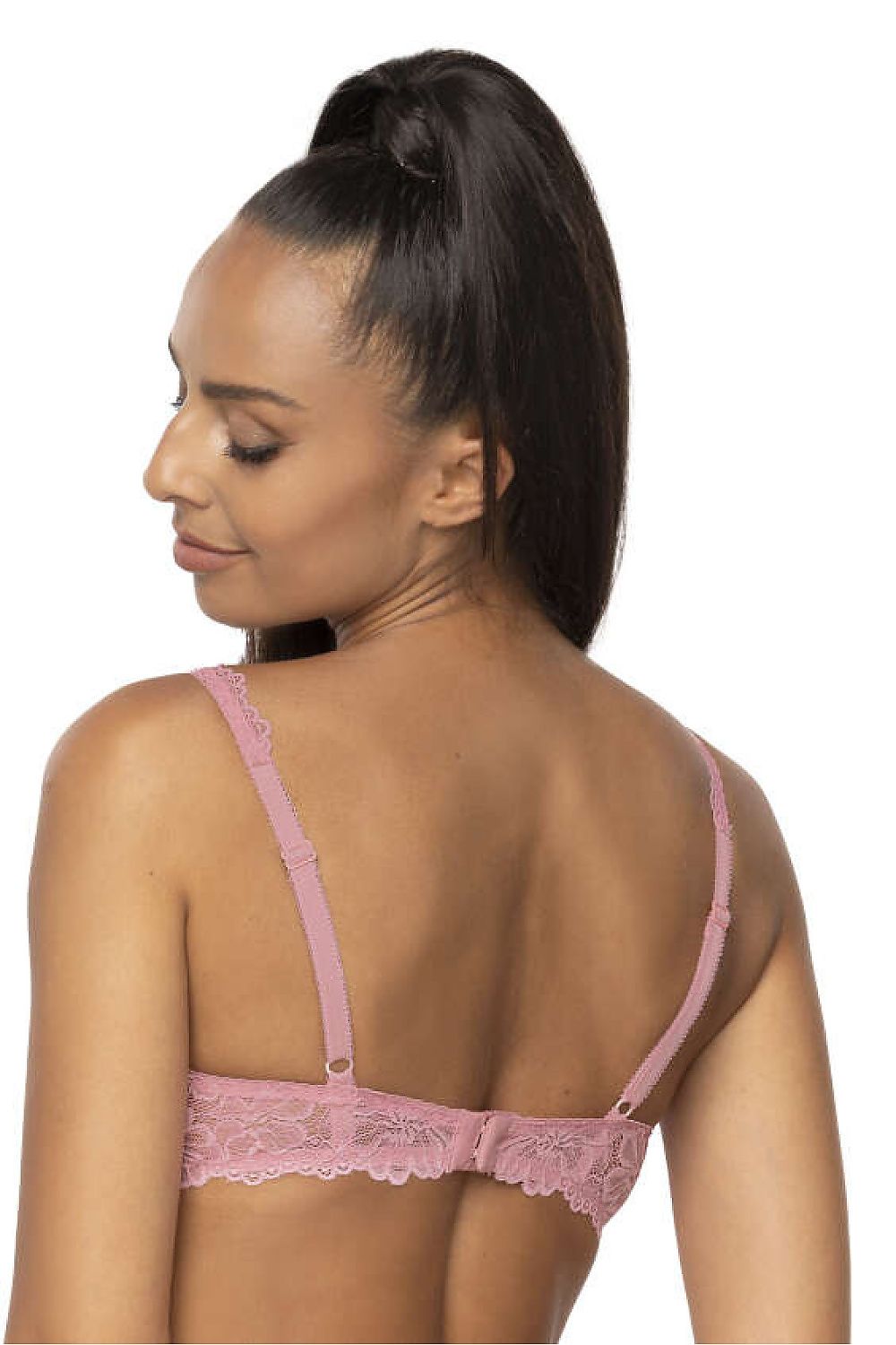 Luxury pink lace padded bra by Mat, designed for sizes EU 65B to EU 85D, featuring adjustable straps and elegant design.