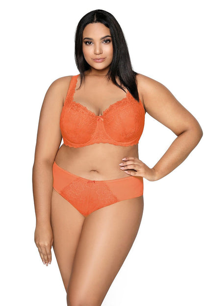 Luxurious orange lace cups of the Carmela Big Bra by Mat, expertly tailored to enhance the neckline and beautifully gather the bust in larger sizes.