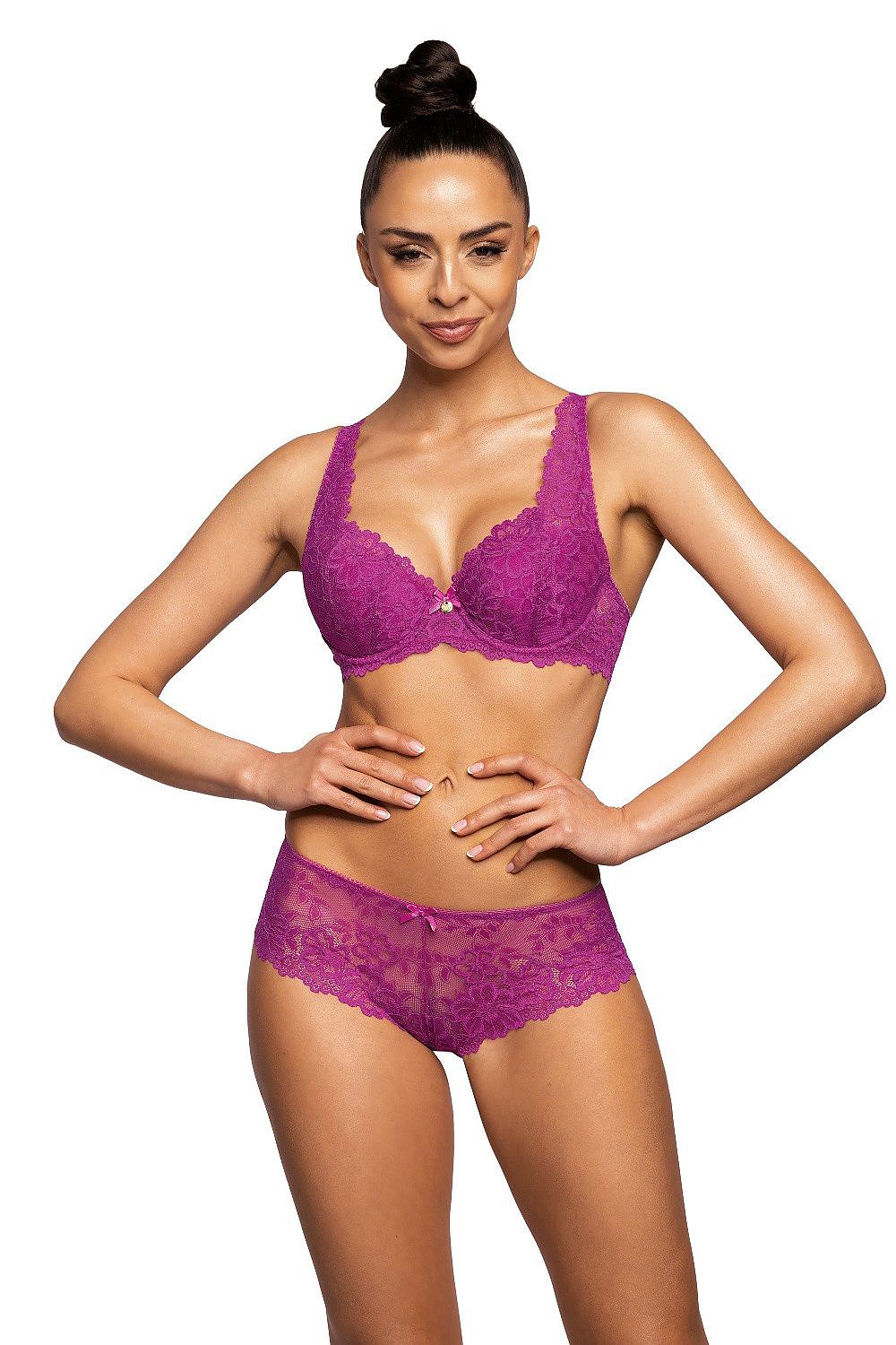 Elegant magenta lace bra by Mat with a seductive look, adjustable non-detachable straps, and a two-row hook and eye closure.