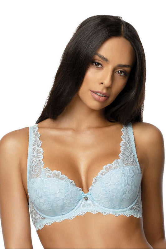Luxury adjustable padded blue lace bra by Mat, designed for sizes EU 65B to 85D, combining exquisite style and ultimate comfort.