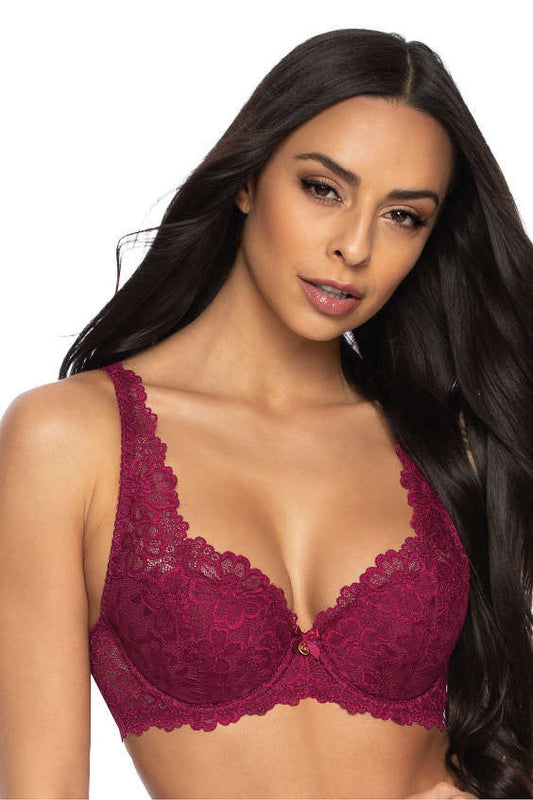 Carmela Burgundy Lace Padded Bra by Mat, elegantly designed with delicate burgundy lace and adjustable straps, showcasing luxurious femininity.