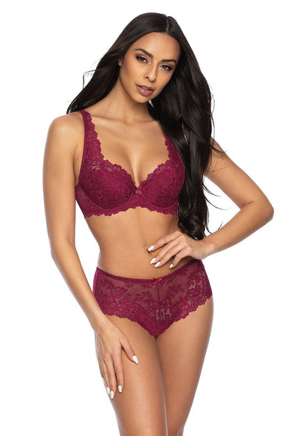 Close-up view of the intricate burgundy lace and padding of the Carmela Bra from Mat, highlighting exquisite craftsmanship for premium comfort and style.
