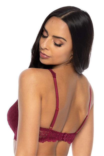 Full display of the Carmela Burgundy Lace Padded Bra by Mat, featuring adjustable straps and a chic two-row hook and eye closure, perfect for luxurious undergarment elegance.