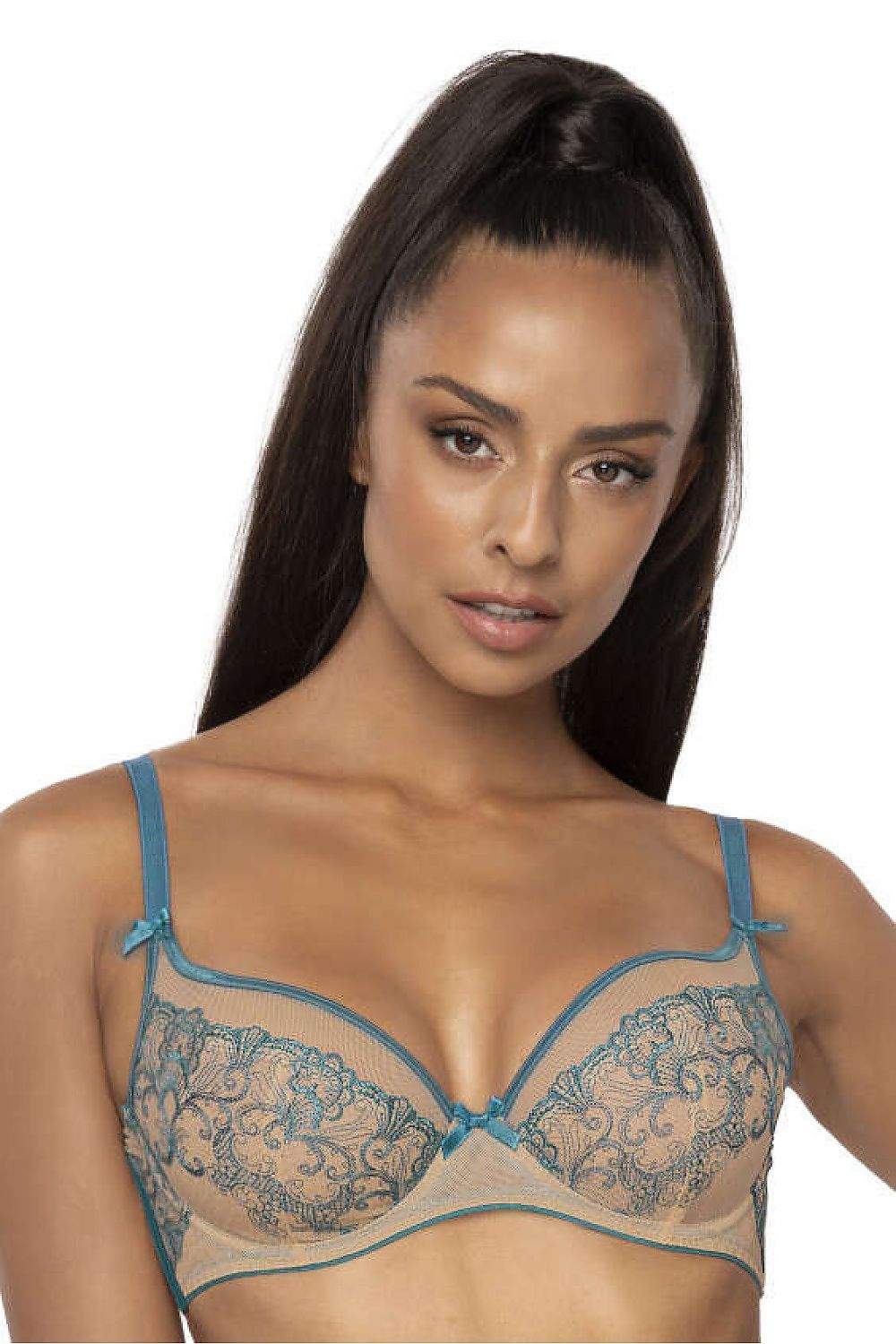 Luxury Maureen M-3808/2 Soft Lace Bra in Beige and Turquoise by Mat, featuring delicate lace details and a comfortable fit, available in sizes EU 65-110 | US 30-50.