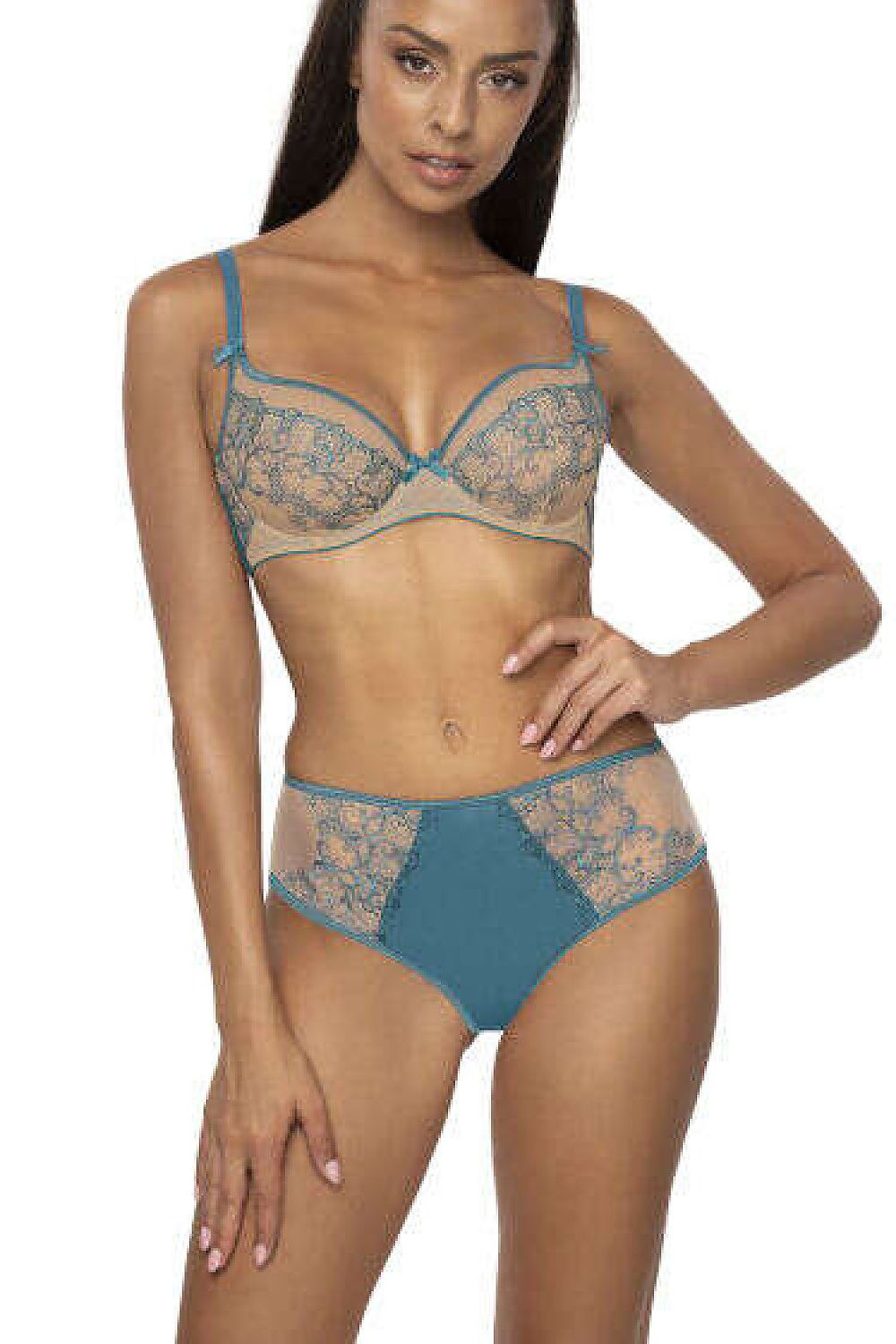 Elegant Maureen M-3808/2 Lace Bra by Mat, showcasing a stylish beige and turquoise design, perfect for comfort and support in sizes EU 65-110 | US 30-50.