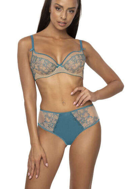 Elegant Maureen M-3808/2 Lace Bra by Mat, showcasing a stylish beige and turquoise design, perfect for comfort and support in sizes EU 65-110 | US 30-50.