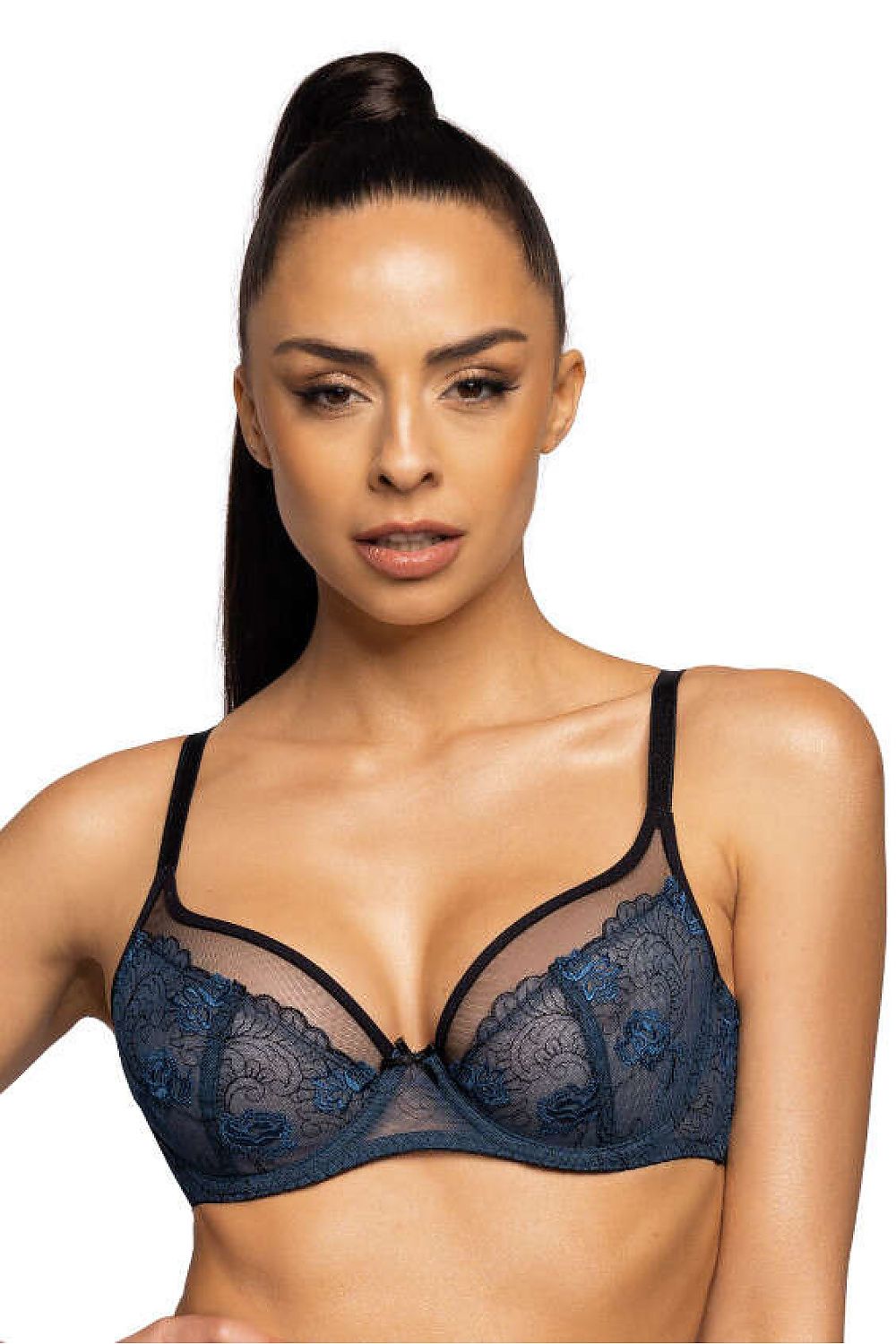 Elegantly crafted Saddie soft bra in navy blue and black by Mat, featuring exquisite embroidery and delicate elastic mesh, available in sizes EU 65D to EU 95F.