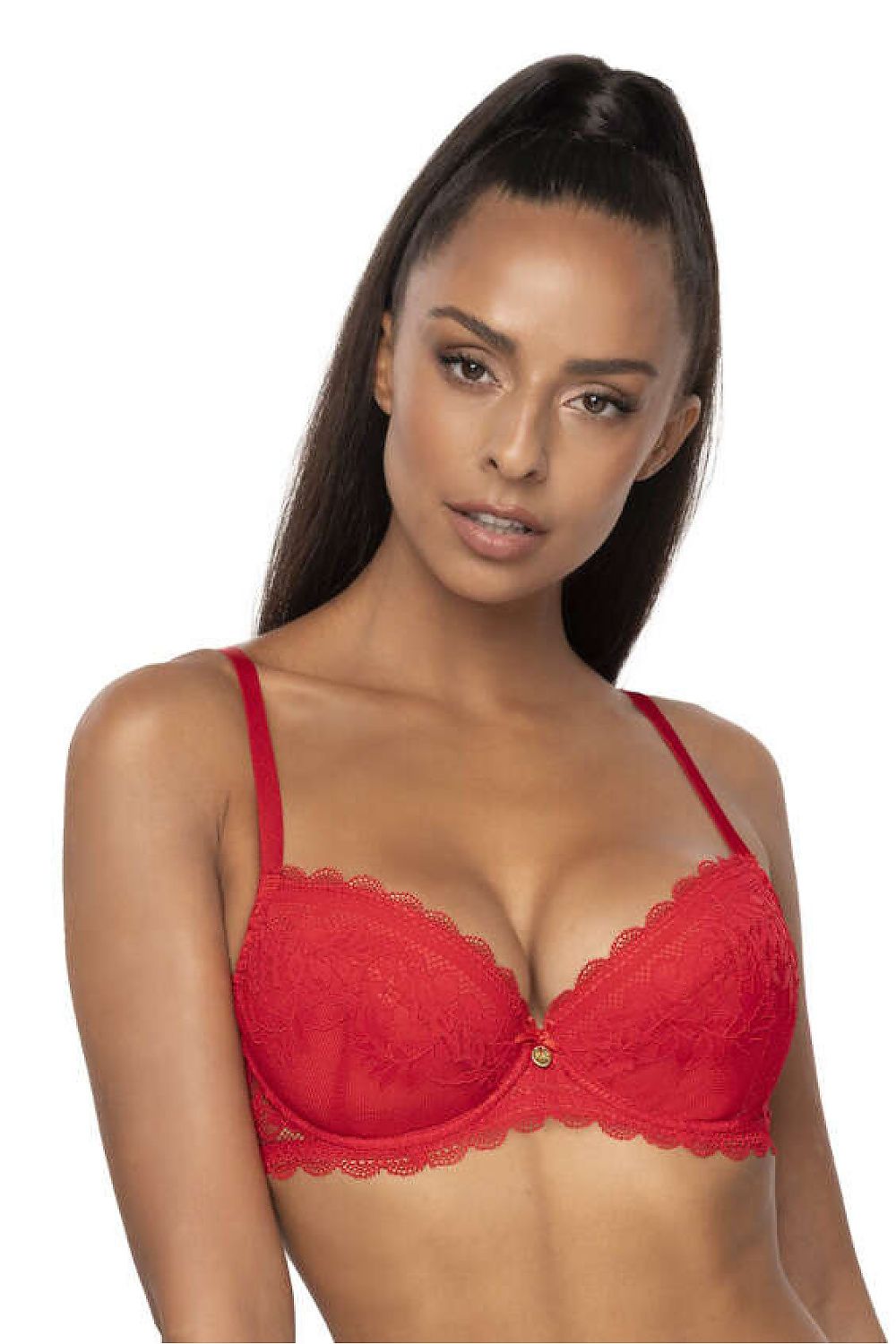 Luxury Lace Push-Up Bra designed by Mat, featuring stunning lace material, a small decorative bow with a jewelry pendant, and adjustable straps, available in white, black, and red.