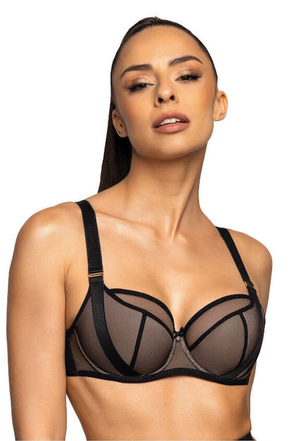 Luxurious black semi-padded bra Denise by Mat, featuring elegant tulle, adjustable straps, and designed for a perfect fit in sizes EU 65-95, emphasizing comfort and style.
