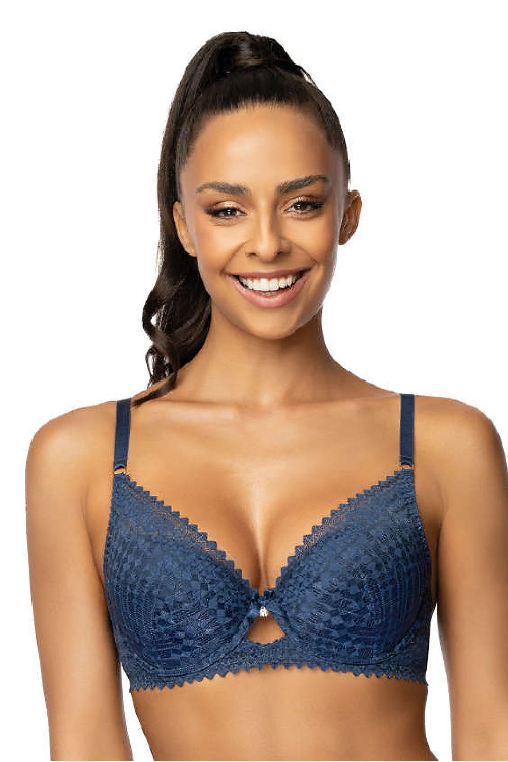 Luxurious Maddie Coral and Navy Lace Push-Up Bra by Mat, featuring delicate geometric lace, flirtatious eyelet accent, ideal for sizes EU 65B-90C.