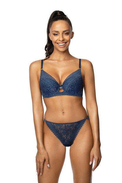 Elegant detail of the Maddie Coral and Navy Lace Push-Up Bra by Mat, showcasing intricate lace design and adjustable straps for a comfortable fit.
