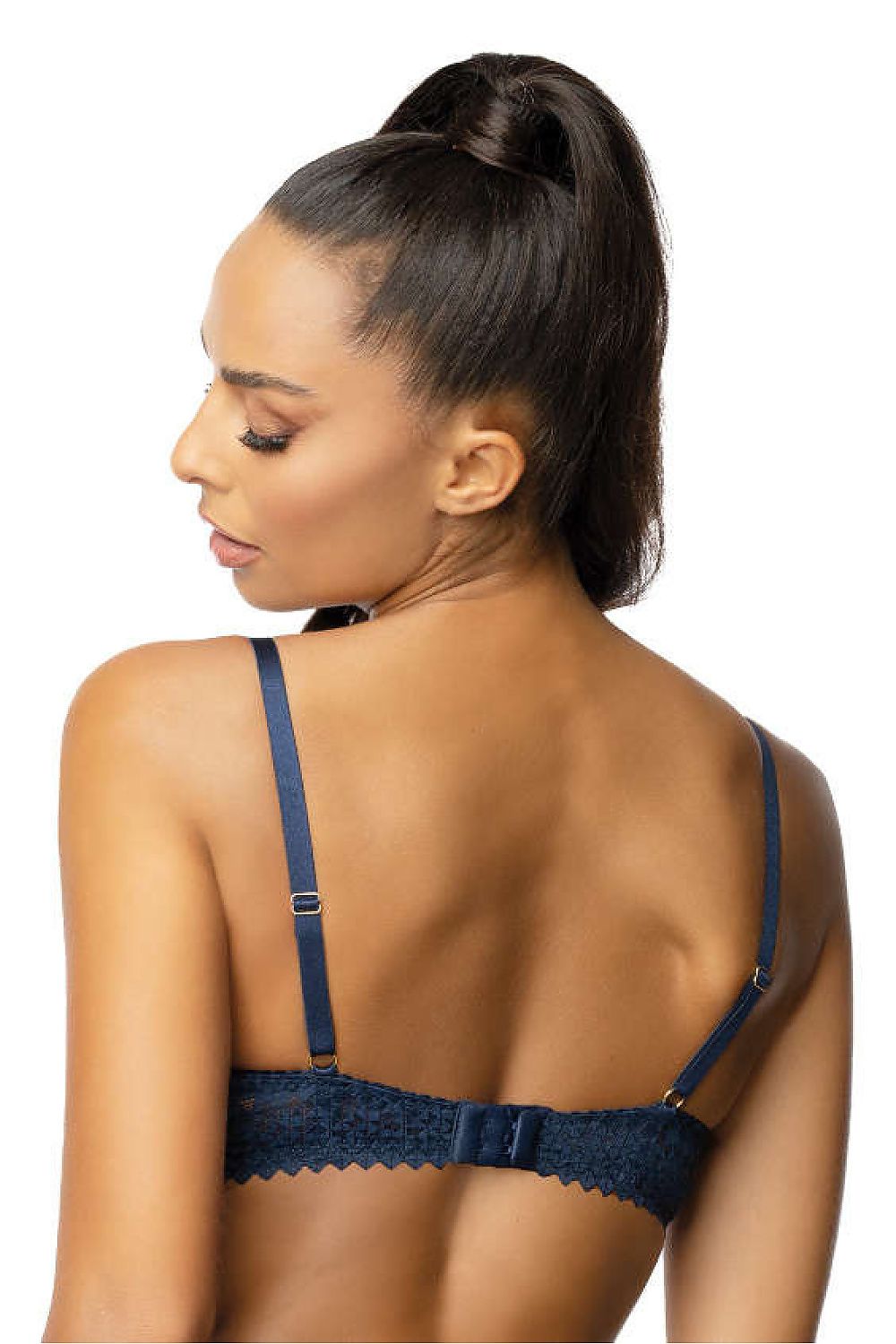Chic view of the Maddie Coral and Navy Lace Push-Up Bra by Mat, highlighting removable pads and two-row hook and eye closure for versatile styling.