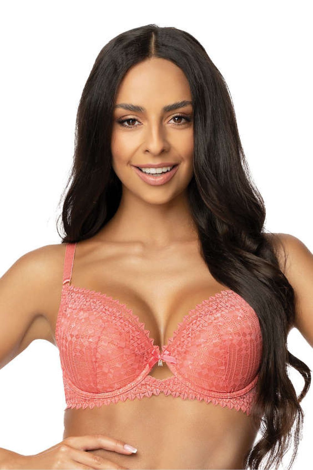 Luxury Maddie Push-Up Bra by Mat in Coral and Navy Blue, featuring intricate lace design and flirtatious basque effect, available in sizes EU 65B to 90C.
