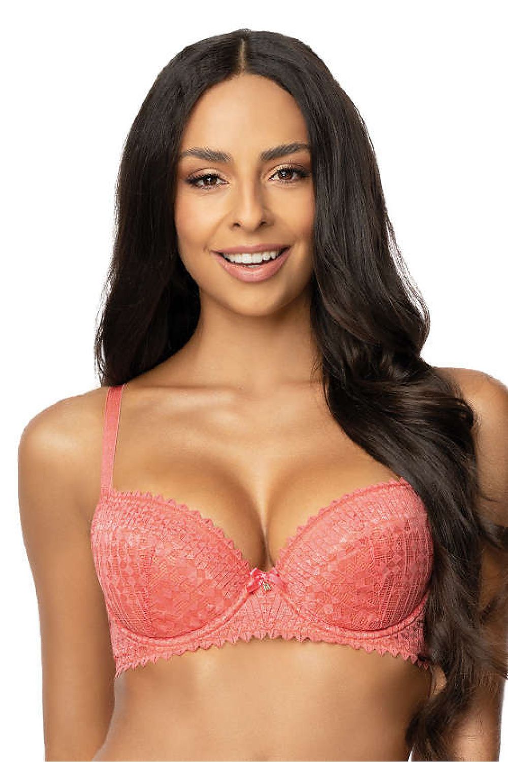 Luxury lace push-up bra in coral and navy by Mat, featuring a stunning geometric lace design and adjustable straps for a perfect fit.