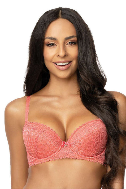 Luxury lace push-up bra in coral and navy by Mat, featuring a stunning geometric lace design and adjustable straps for a perfect fit.