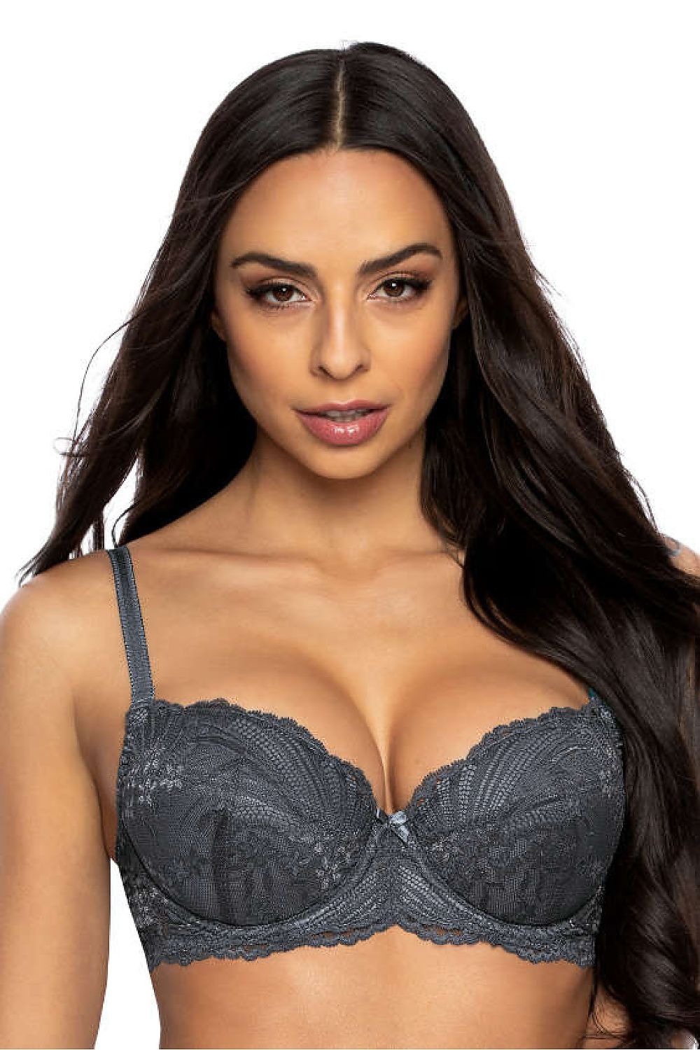 Elegant Sybilla Lace Push-Up Bra by Mat, featuring delicate grey lace, removable pads, and adjustable straps, perfect for a sophisticated lingerie collection.