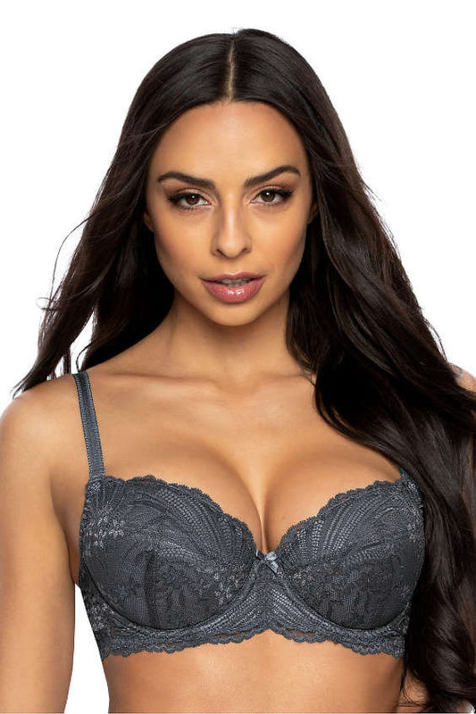 Elegant Sybilla Lace Push-Up Bra by Mat, featuring delicate grey lace, removable pads, and adjustable straps, perfect for a sophisticated lingerie collection.