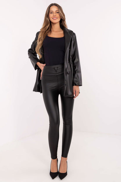 Elegant eco-leather long leggings for women by NM, showcasing a high waist and tapered fit, ideal for a luxurious autumn-winter wardrobe.