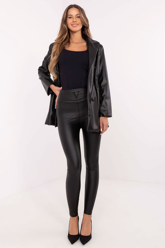 Elegant eco-leather long leggings for women by NM, showcasing a high waist and tapered fit, ideal for a luxurious autumn-winter wardrobe.