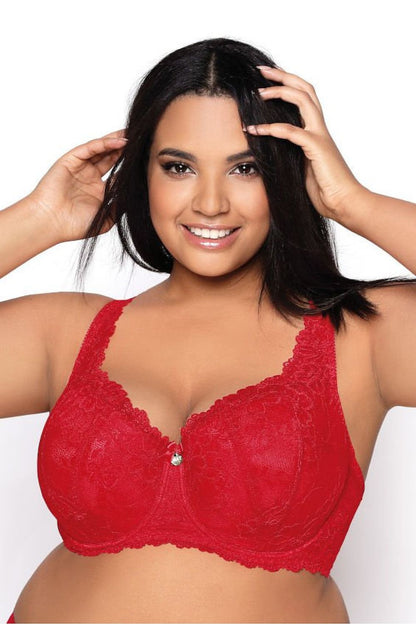 Luxury Carmela padded bra by Mat in stunning red lace, designed for elegance and support in sizes EU 100B-110E | US 44B-50E.