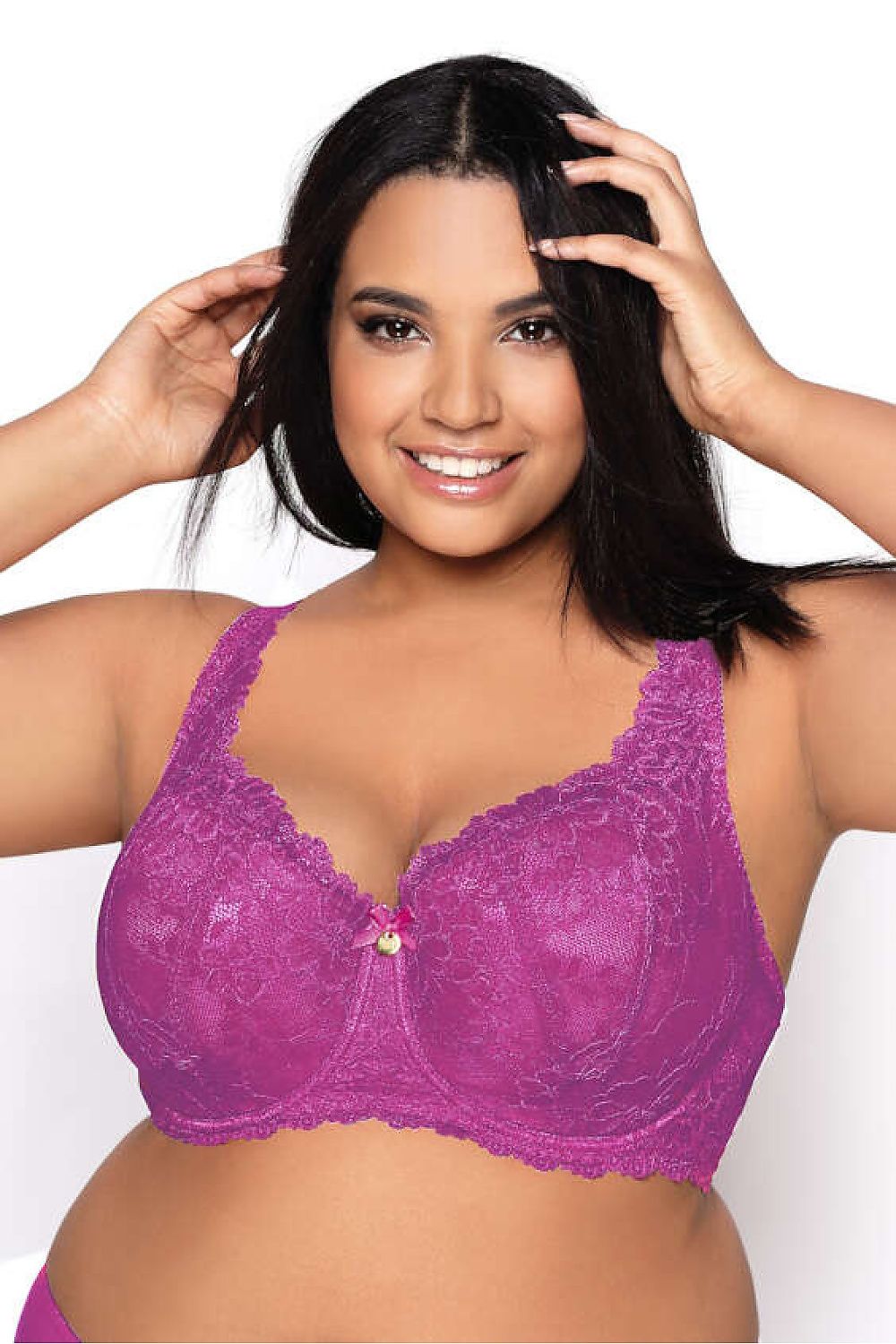 Elegant Carmela Big Lace Padded Bra by Mat, designed for large sizes with intricate magenta lace and adjustable straps, offering luxurious cleavage enhancement.