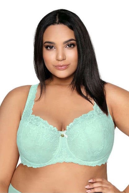 Luxury padded bra in celadon lace for big sizes by Mat, featuring adjustable straps and exquisite design that enhances cleavage.