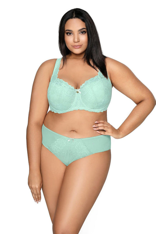Elegant celadon lace bra by Mat, designed for larger sizes EU 65G-95F, showcasing meticulous craftsmanship and ultimate comfort.