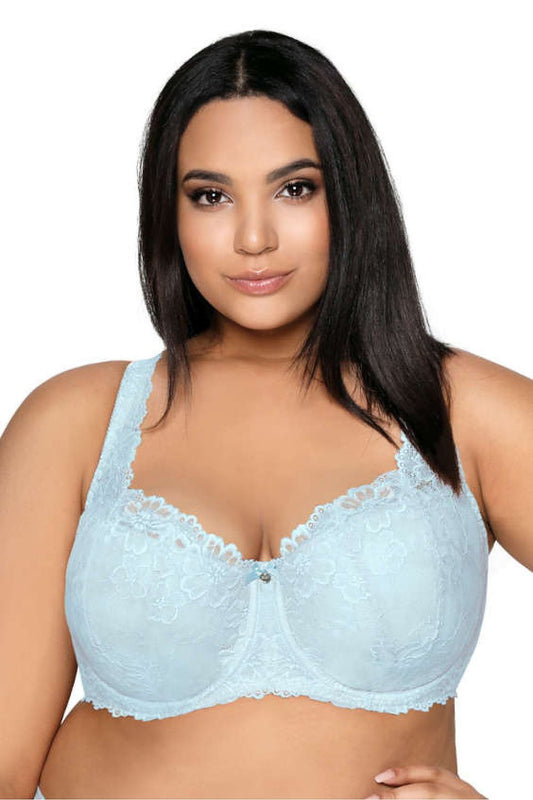 Elegant Carmela Big Lace Bra by Mat, featuring an exquisite padded design in blue lace, adjustable straps, and sizes EU 65G to EU 95F, perfect for enhancing cleavage and providing stylish support.