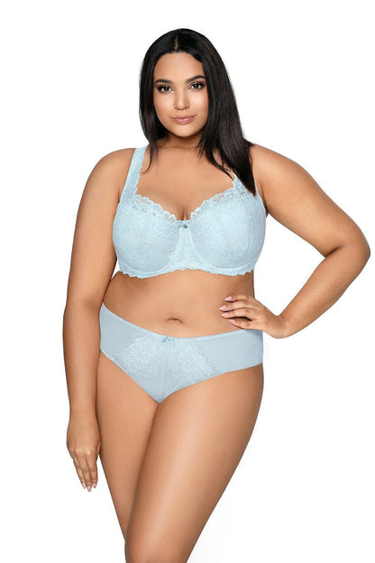 Luxurious Carmela Big Lace Bra by Mat, featuring elegant padded design in fine blue lace, perfect for sizes EU 65G to EU 95F with adjustable straps for optimal comfort and support.