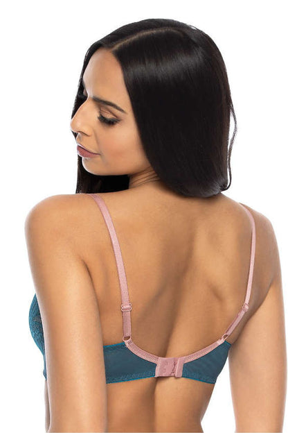 Sybilla soft bra in stunning turquoise by Mat, showcasing exquisite lace detailing and adjustable straps, ideal for all-day elegance in sizes EU 65D to 95F.