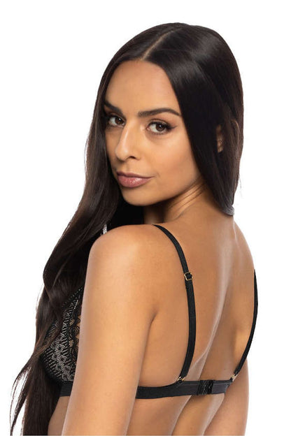 Adjustable black lace triangle bralette by Mat, showcasing elegant detailing and comfort, suitable for sizes EU 65B-85C, ideal for sophisticated lingerie collections.