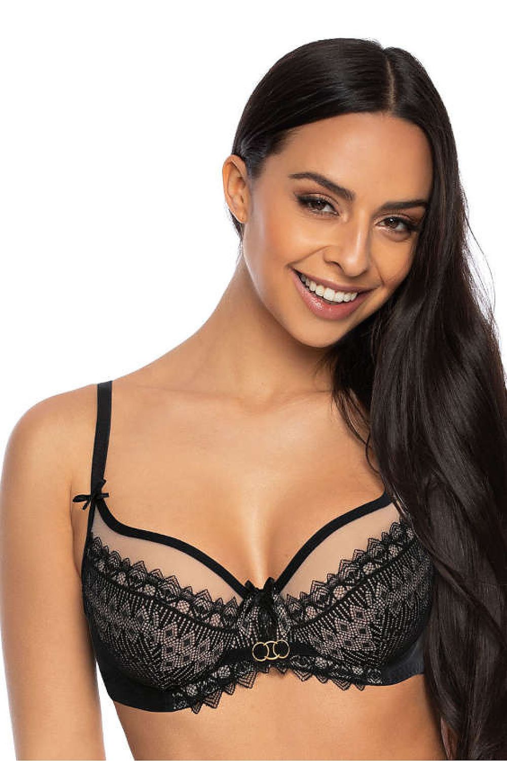 Luxurious black and beige Marion soft bra by Mat, featuring elegant lace trim and a delicate mesh design, perfect for sizes EU 65D-95F.