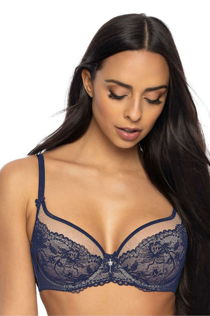 Luxury Percy Soft Bra by Mat in navy blue and beige, featuring delicate lace trim, adjustable straps, and available in EU sizes 65D to 95F for exquisite comfort and elegance.