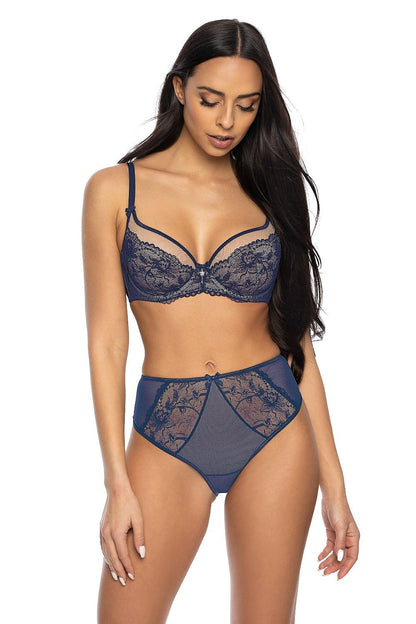 Luxurious Percy Soft Bra by Mat in Navy Blue and Beige, featuring exquisite lace trim and adjustable straps, perfect for all-day comfort.