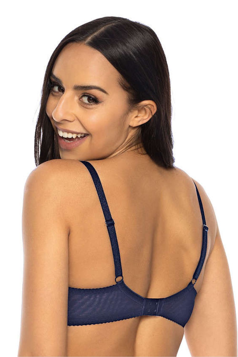 Elegant Navy Blue and Beige Percy Soft Bra by Mat, adorned with delicate lace and jewellery accents, offering a sophisticated touch to intimate wear.