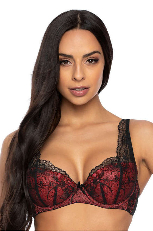 Luxury black lace padded bra by Mat featuring red corsetry foam lining, available in sizes EU 65B to EU 85D.