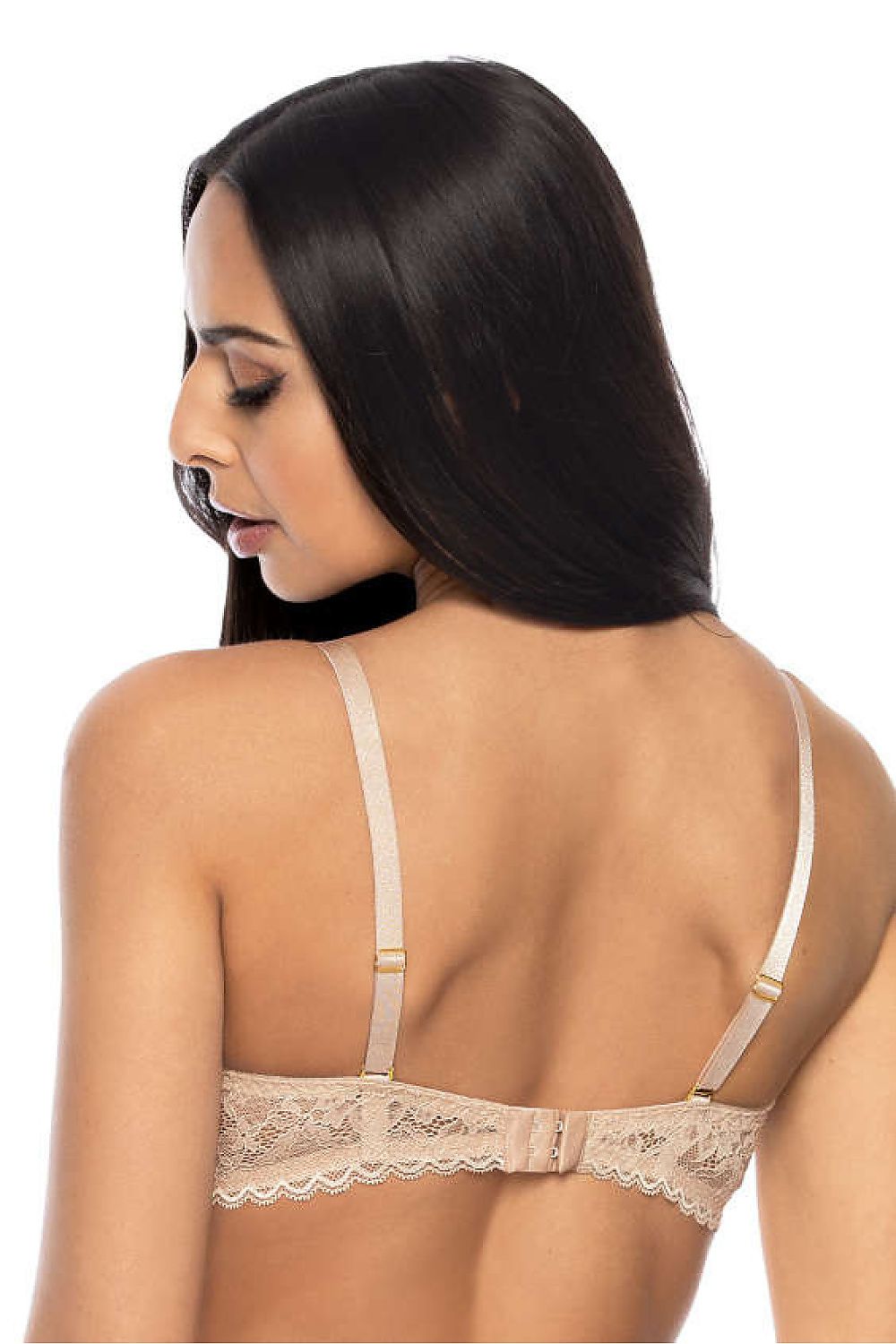 Luxury seductive beige lace push-up bra by Mat, featuring removable inserts, delicate tulle detailing, and adjustable straps, designed for an elegant and flattering silhouette.