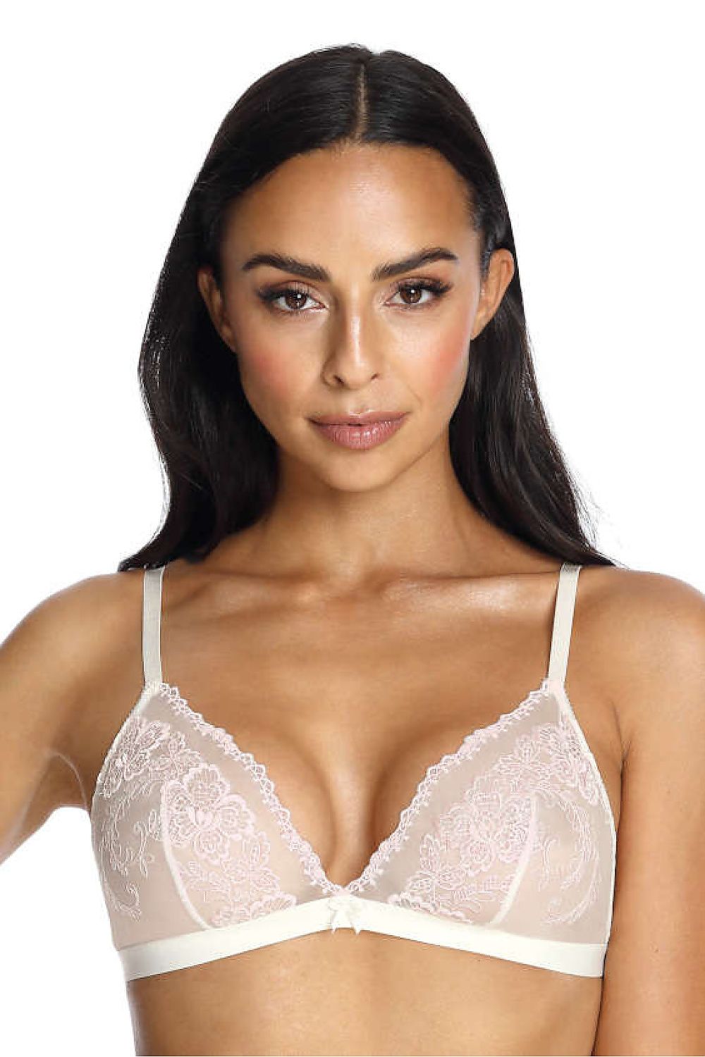 Luxurious soft bra by Mat featuring embroidered tulle cups with a floral motif, available in sizes EU 65B to 85C, perfect for elegant styling and comfort.