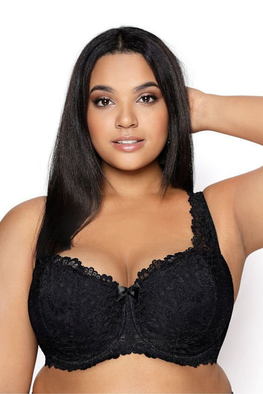 Luxurious padded lace bra by Mat for curvy women, enhancing cleavage and support in sizes EU 100B to EU 110E, featuring elegant black lace and decorative straps.