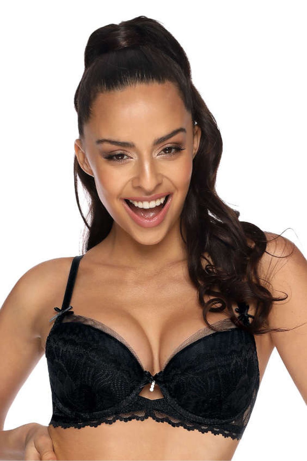 Sensual Angel push-up bra by Mat in delicate black lace with removable inserts, showcasing embroidered tulle and a decorative bow, perfect for luxurious comfort and elegance.
