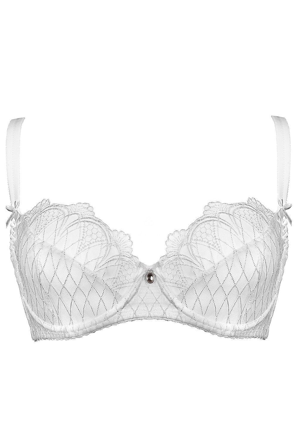 Luxury white seductive lingerie by Mat featuring soft cups, elegant embroidery, and adjustable straps, designed for sizes EU 65D to 95G.