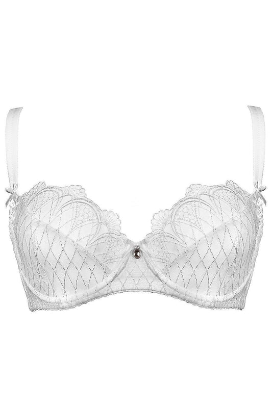 Luxury white seductive lingerie by Mat featuring soft cups, elegant embroidery, and adjustable straps, designed for sizes EU 65D to 95G.