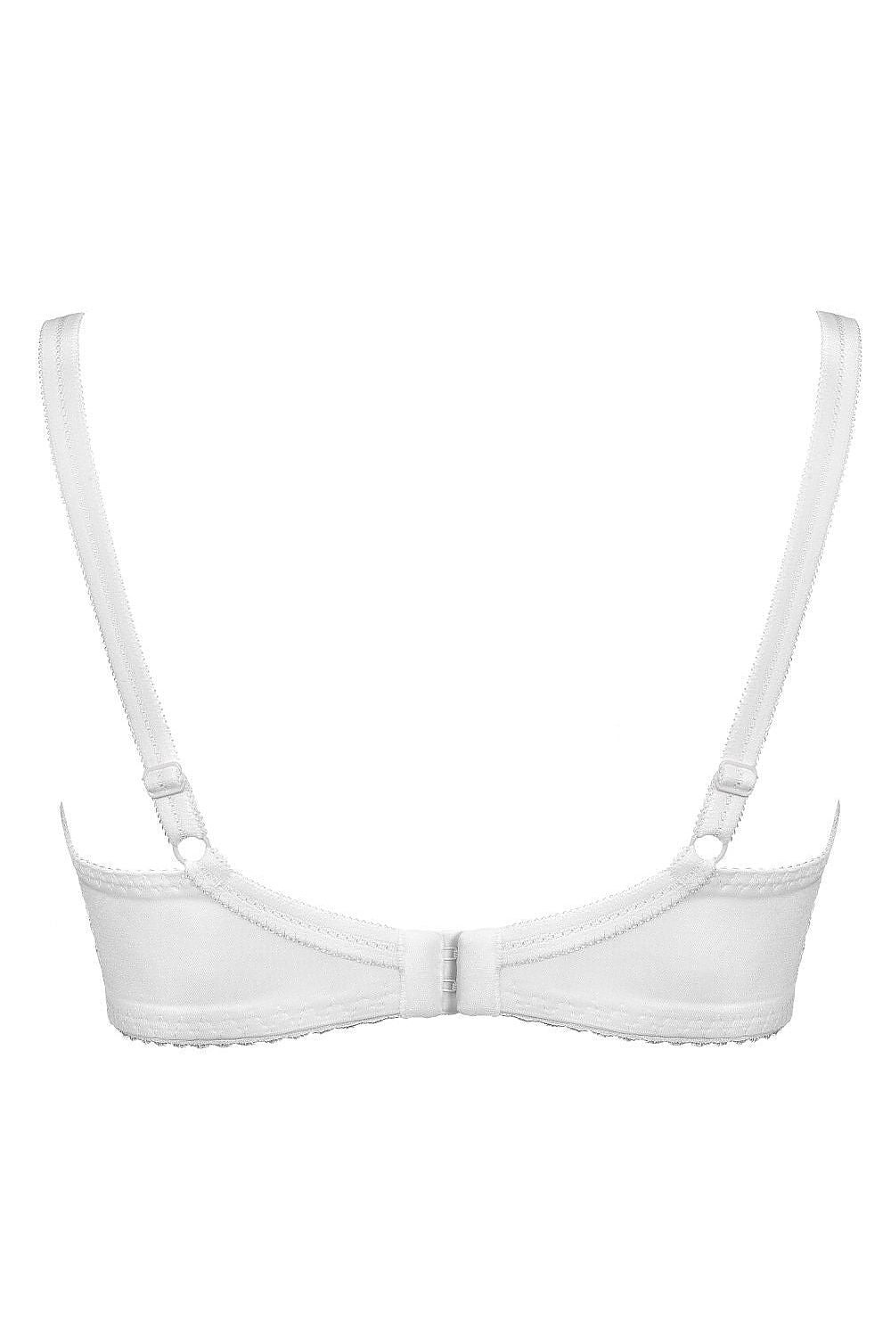 Close-up view of luxurious white lingerie by Mat, highlighting soft cups with fine embroidery and adjustable straps, perfect for enhancing curves.