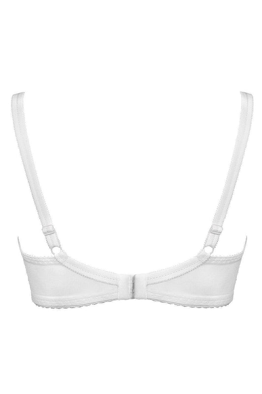 Close-up view of luxurious white lingerie by Mat, highlighting soft cups with fine embroidery and adjustable straps, perfect for enhancing curves.