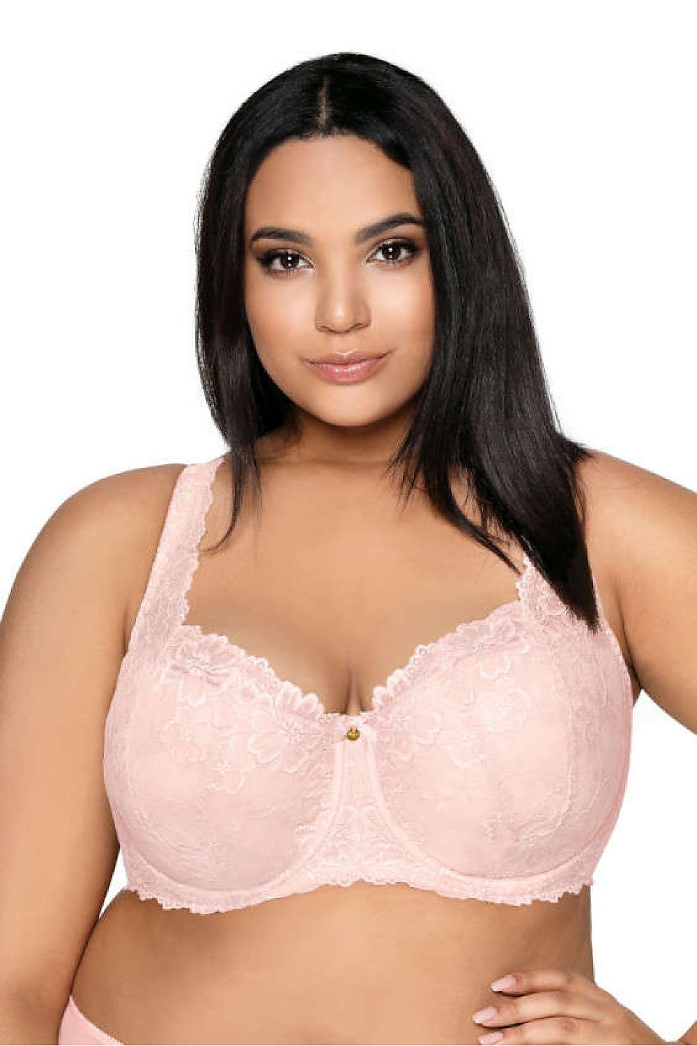 Luxurious Carmela Big Padded Bra from Mat in fine celadon lace, designed for large sizes EU 65-95, offering exquisite cleavage enhancement and elegant asymmetry concealment.