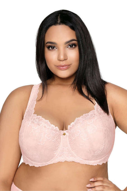 Luxurious Carmela Big Padded Bra from Mat in fine celadon lace, designed for large sizes EU 65-95, offering exquisite cleavage enhancement and elegant asymmetry concealment.